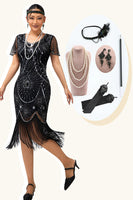 Load image into Gallery viewer, Sparkly Black Silver Sequins Short Sleeves Flapper Dress with 20s Accessories Set
