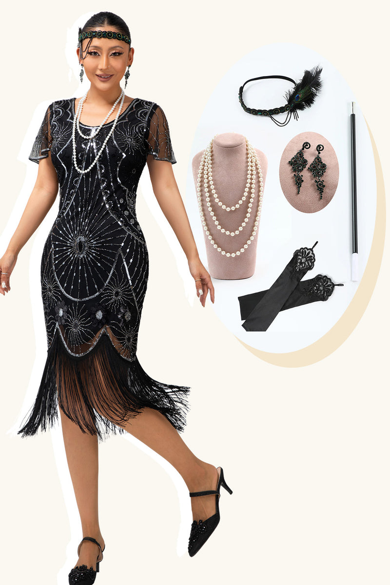 Load image into Gallery viewer, Sparkly Black Silver Sequins Short Sleeves Flapper Dress with 20s Accessories Set