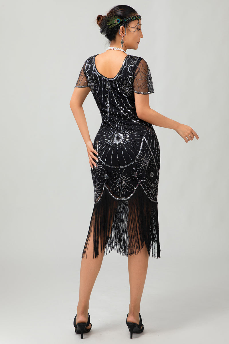 Load image into Gallery viewer, Sparkly Black Silver Sequins Short Sleeves Flapper Dress with 20s Accessories Set