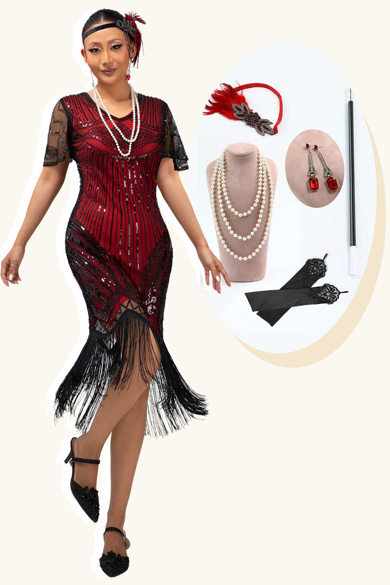 Load image into Gallery viewer, Queendancer Women Sparkly Black Red Fringed Short Sleeves Flapper Dress with 20s Accessories Set V-Neck Bodycon 1920s Dress with Sequins