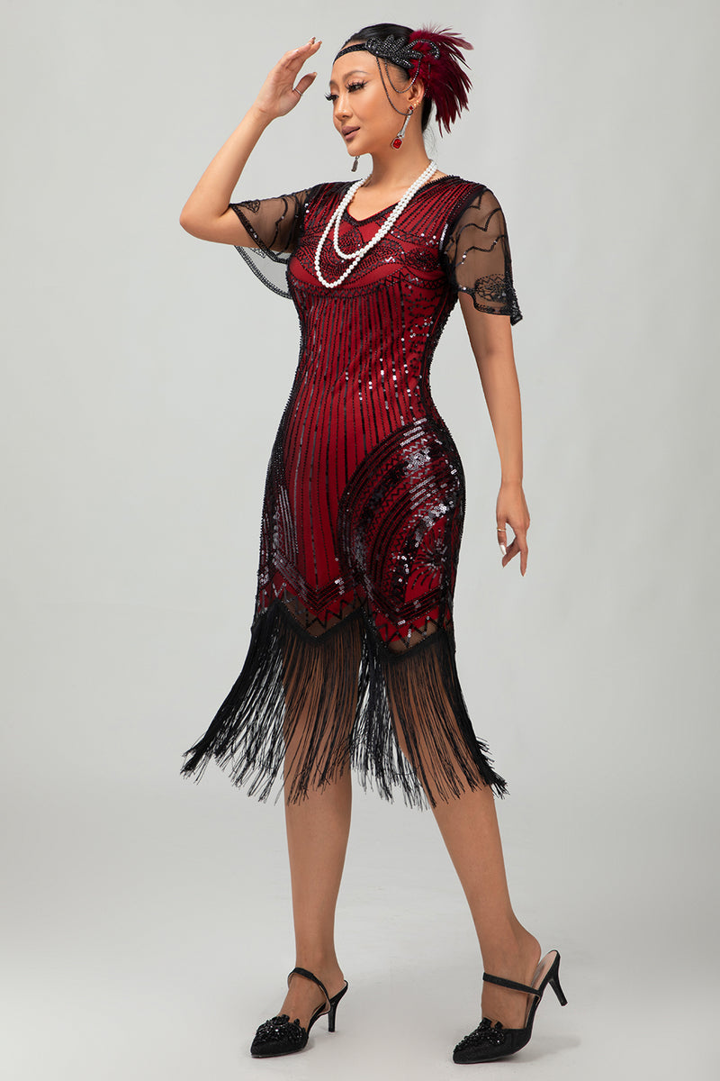 Load image into Gallery viewer, Sparkly Black Red Fringed Bodycon Flapper Dress with 20s Accessories Set