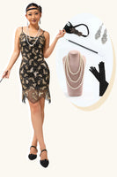 Load image into Gallery viewer, Sparkly Black Golden Spaghetti Straps Short Flapper Dress with 20s Accessories Set