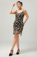 Load image into Gallery viewer, Sparkly Black Golden Spaghetti Straps Short Flapper Dress with 20s Accessories Set