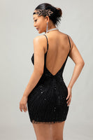 Load image into Gallery viewer, Sparkly Black Sequins Tight Short Flapper Dress with 20s Accessories Set