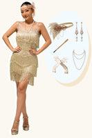Load image into Gallery viewer, Sparkly Golden Fringed Sequins Short Flapper Dress with 20s Accessories Set