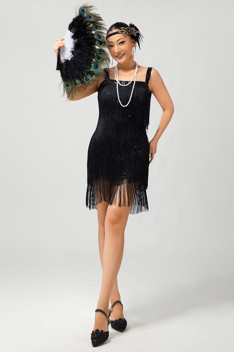 Load image into Gallery viewer, Sparkly Black Fringed Tight Short Flapper Dress with 20s Accessories Set