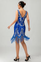 Load image into Gallery viewer, Sparkly Royal Blue Sequins V-Neck Fringed Short Flapper Dress with 20s Accessories Set