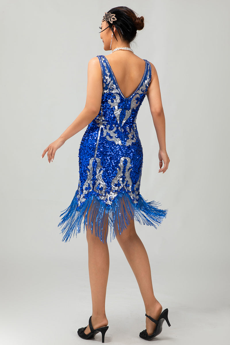 Load image into Gallery viewer, Sparkly Royal Blue Sequins V-Neck Fringed Short Flapper Dress with 20s Accessories Set