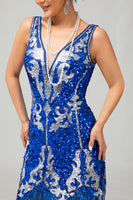Load image into Gallery viewer, Sparkly Royal Blue Sequins V-Neck Fringed Short Flapper Dress with 20s Accessories Set
