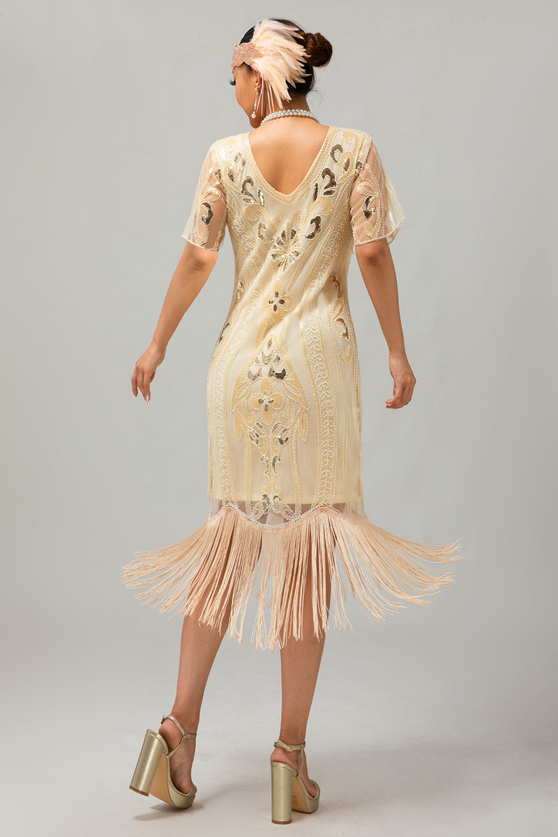 Load image into Gallery viewer, Sparkly Apricot Fringed Bodycon Flapper Dress with 20s Accessories Set