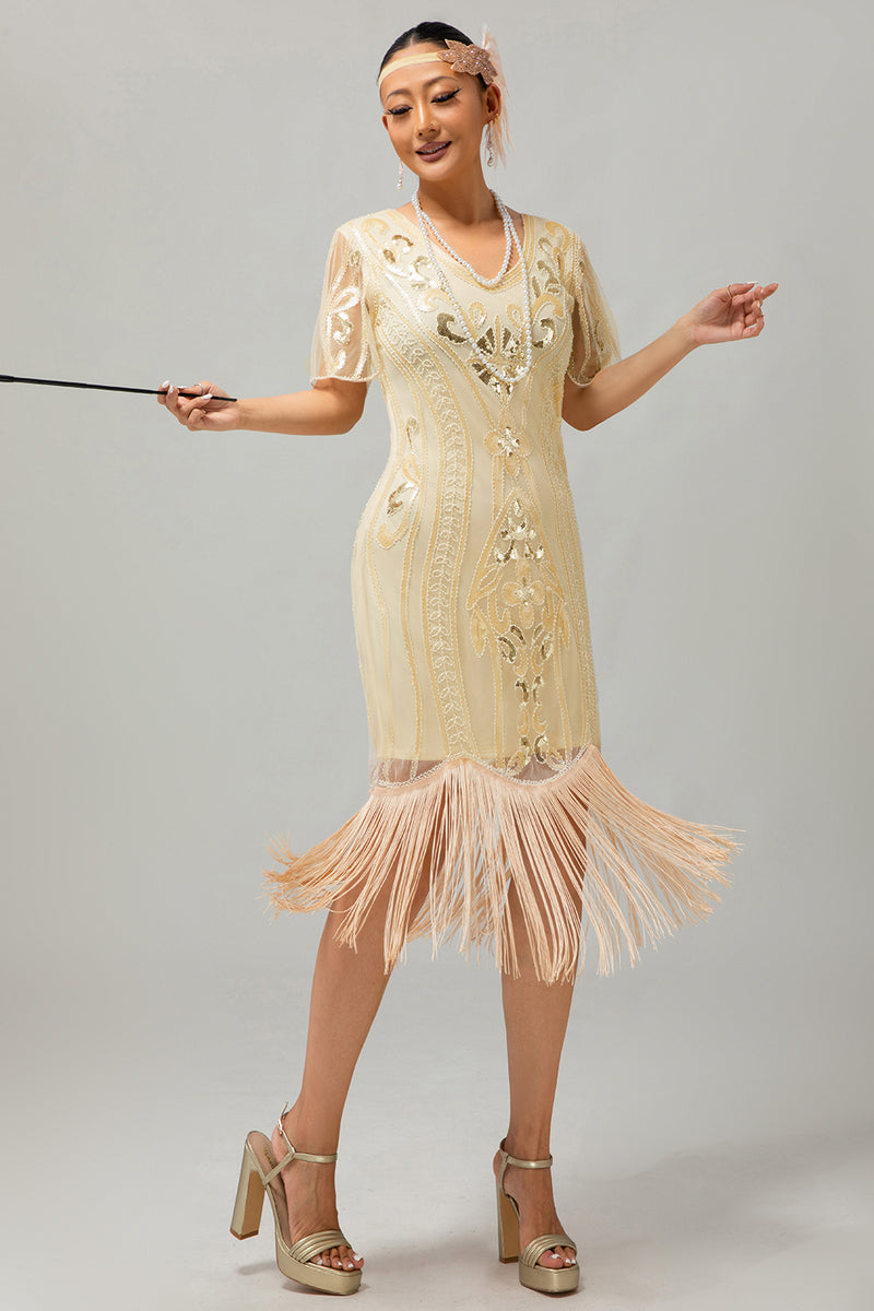 Load image into Gallery viewer, Sparkly Apricot Fringed Bodycon Flapper Dress with 20s Accessories Set