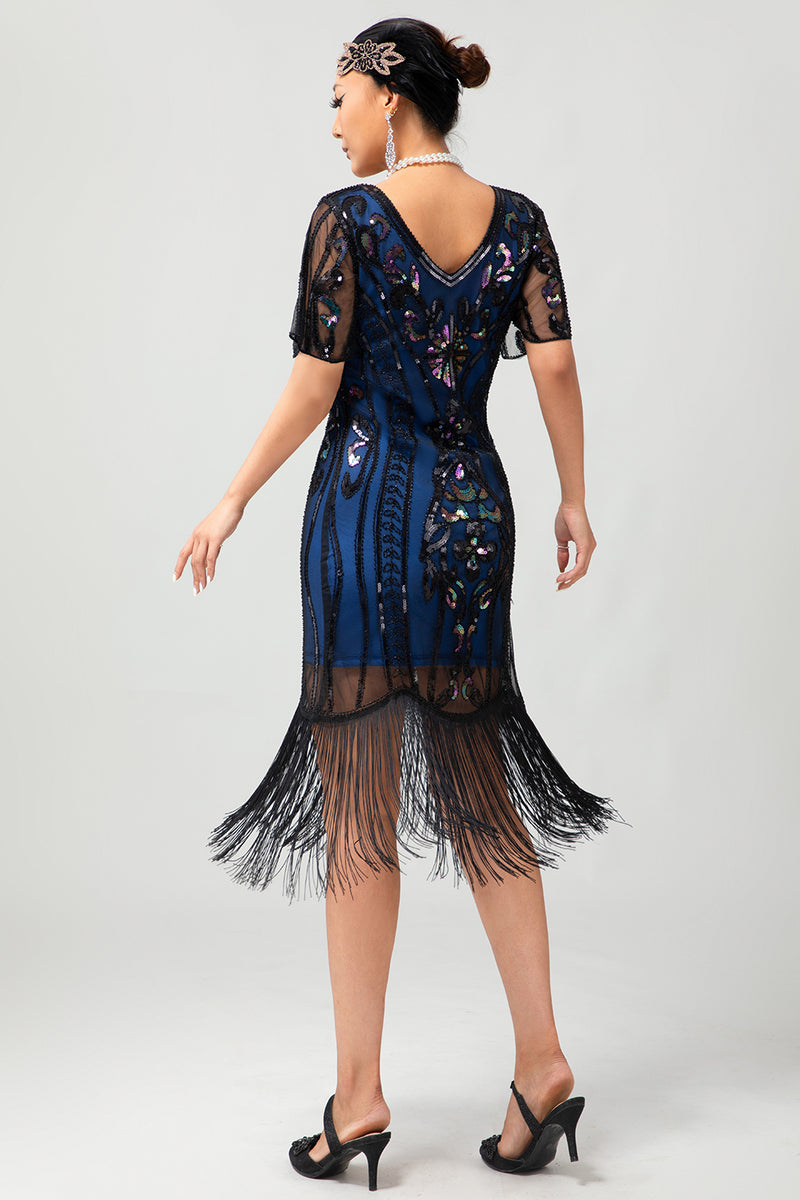 Load image into Gallery viewer, Sparkly Black Blue Fringed V-Neck Short Sleeves Flapper Dress with 20s Accessories Set