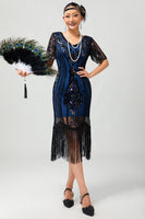 Load image into Gallery viewer, Sparkly Black Blue Fringed V-Neck Short Sleeves Flapper Dress with 20s Accessories Set
