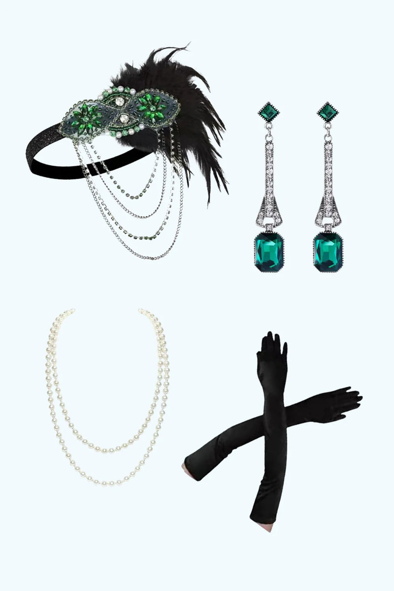 Load image into Gallery viewer, Sparkly Dark Green Sheath Fringed V-Neck Flapper Dress with 20s Accessories Set