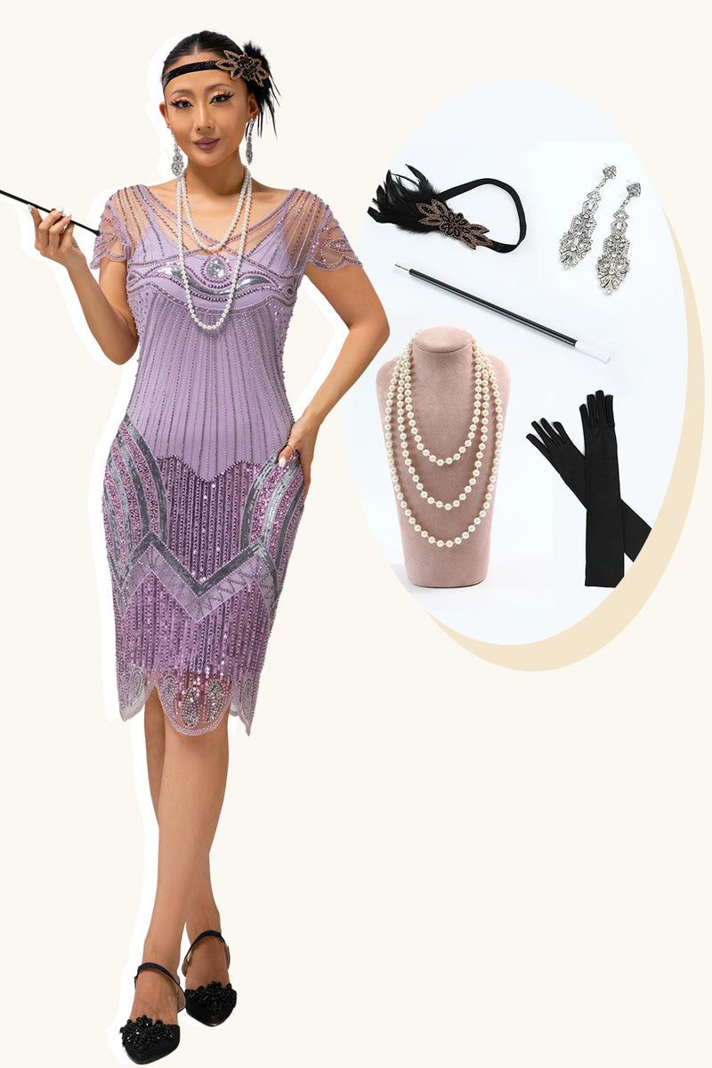 Load image into Gallery viewer, Sparkly Purple Sequins V-Neck Short Sleeves Flapper Dress with 20s Accessories Set