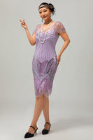Load image into Gallery viewer, Sparkly Purple Sequins V-Neck Short Sleeves Flapper Dress with 20s Accessories Set