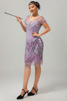 Load image into Gallery viewer, Sparkly Purple Sequins V-Neck Short Sleeves Flapper Dress with 20s Accessories Set