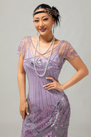 Load image into Gallery viewer, Sparkly Purple Sequins V-Neck Short Sleeves Flapper Dress with 20s Accessories Set