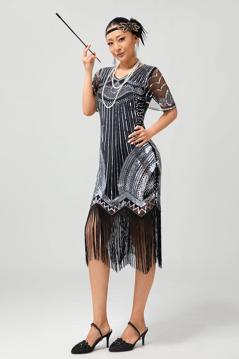Load image into Gallery viewer, Sparkly Black Silver Fringed Sequins Short Sleeves Flapper Dress with 20s Accessories Set