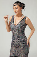 Load image into Gallery viewer, Sparkly Black Apricot Fringed Beaded 1920s Flapper Dress with 20s Accessories Set