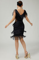 Load image into Gallery viewer, Sparkly Black Fringed Cut Out Short Flapper Dress with 20s Accessories Set