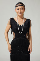Load image into Gallery viewer, Sparkly Black Fringed Cut Out Short Flapper Dress with 20s Accessories Set