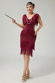 Sparkly Burgundy Fringed Sequins V-Neck Flapper Dress with 20s Accessories Set