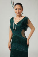 Load image into Gallery viewer, Sparkly Dark Green Beaded V-Neck Fringed Flapper Dress with 20s Accessories Set
