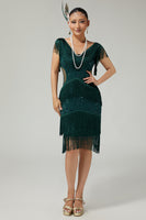 Load image into Gallery viewer, Sparkly Dark Green Beaded V-Neck Fringed Flapper Dress with 20s Accessories Set