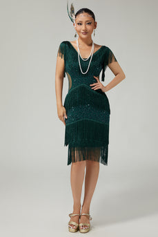 Sparkly Dark Green Beaded V-Neck Fringed Flapper Dress with 20s Accessories Set
