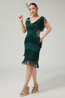 Load image into Gallery viewer, Sparkly Dark Green Beaded V-Neck Fringed Flapper Dress with 20s Accessories Set