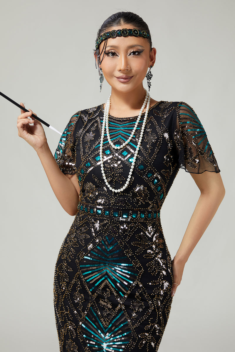 Load image into Gallery viewer, Sparkly Black Blue Sequins Fringed Flapper Dress with 20s Accessories Set
