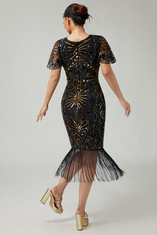 Sparkly Black Golden Fringed Beaded Flapper Dress with 20s Accessories Set