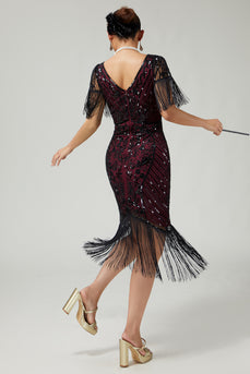 Sparkly Burgundy Fringed V-Neck Sequins Flapper Dress with 20s Accessories Set