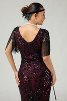 Load image into Gallery viewer, Sparkly Burgundy Fringed V-Neck Sequins Flapper Dress with 20s Accessories Set