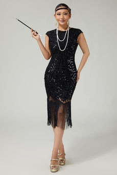 Sparkly Black Sequins Bodycon Beaded 1920s Flapper Dress with 20s Accessories Set