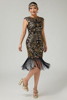 Sparkly Black Golden Sequins Round Neck Fringed Flapper Dress with 20s Accessories Set