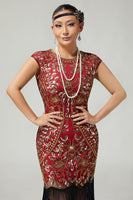 Load image into Gallery viewer, Sparkly Red Golden Bodycon Fringed Sequins Flapper Dress with 20s Accessories Set