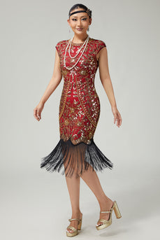 Sparkly Red Golden Bodycon Fringed Sequins Flapper Dress with 20s Accessories Set