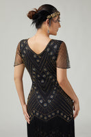 Load image into Gallery viewer, Sparkly Black Golden Beaded Fringed V-Neck Flapper Dress with 20s Accessories Set