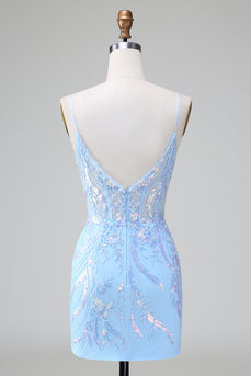 Spaghetti Straps Blue Tight Homecoming Dress with Sequins