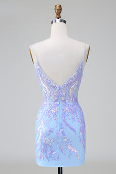 Lilac Blue Spaghetti Straps Bodycon Homecoming Dress with Sequins