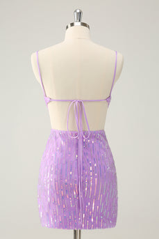 Sparkly Purple Spaghetti Straps Bodycon Homcoming Dress with Sequins