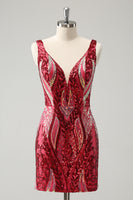 Load image into Gallery viewer, Queendancer Women Fuchsia Tight Short Homecoming Dress with Sequins V-Neck Backless Cocktail Dress