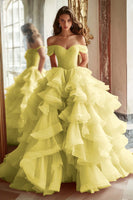 Load image into Gallery viewer, Pink Ball Gown A Line Tulle Off the Shoulder Tiered Long Quinceanera Dress with Ruffles