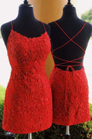 Load image into Gallery viewer, Spaghetti Straps Red Beaded Homecoming Dress with Lace