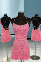 Load image into Gallery viewer, Spaghetti Straps Red Beaded Homecoming Dress with Lace