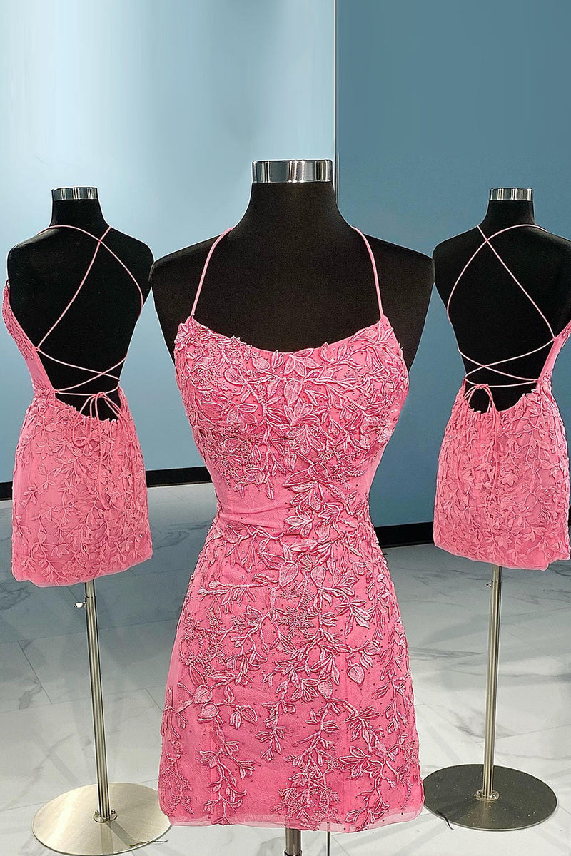 Load image into Gallery viewer, Spaghetti Straps Red Beaded Homecoming Dress with Lace