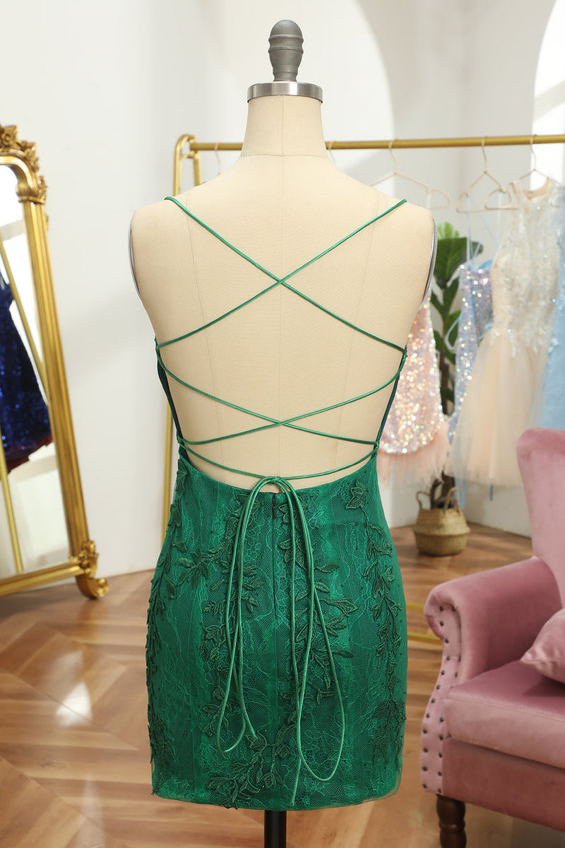 Load image into Gallery viewer, Spaghetti Straps Red Beaded Homecoming Dress with Lace