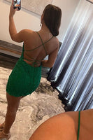 Load image into Gallery viewer, Spaghetti Straps Red Beaded Homecoming Dress with Lace